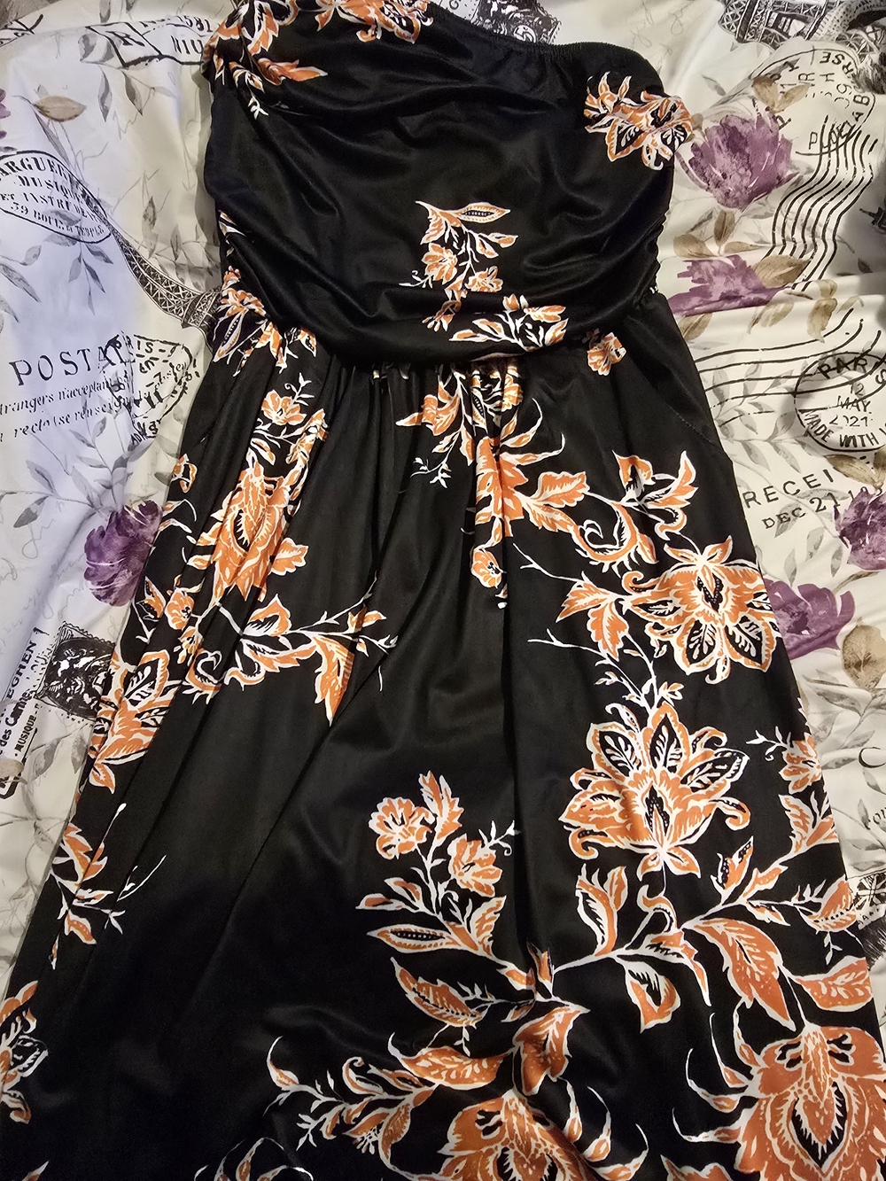 Grace Karin Strapless Black Dress with Orange Floral Pattern